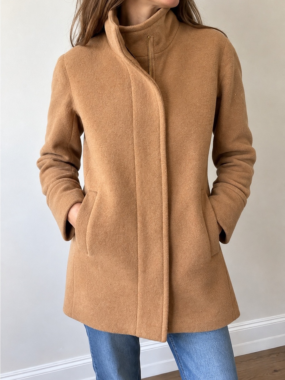 J.Crew City Coat Re-Imagined Camel Wool Blend Funnel Neck Zip Coat Size